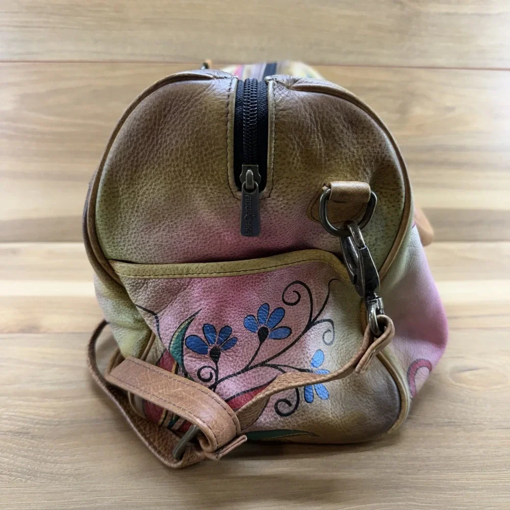 Anuschka Peacock Pattern Large Leather Satchel Hand Painted Zip Crossbody